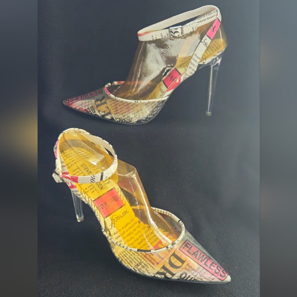 Steve Madden Alessi Newspaper-Print Pvc Stilettos Yellow & Pink Accents-Size 10m